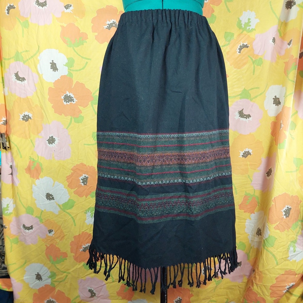 Vintage Handmade Winter Midi Skirt Black Red Green Woven Fringe Boho Medium